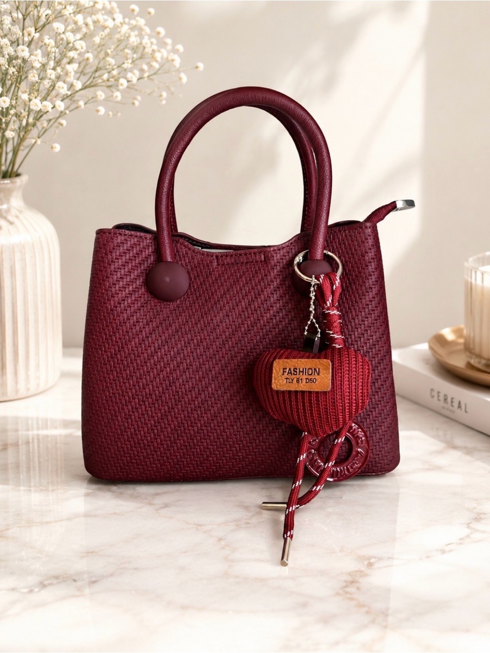 NWT Burgundy Woven Satchel Handbag with Matching Charm & Shoulder Strap by Sumze